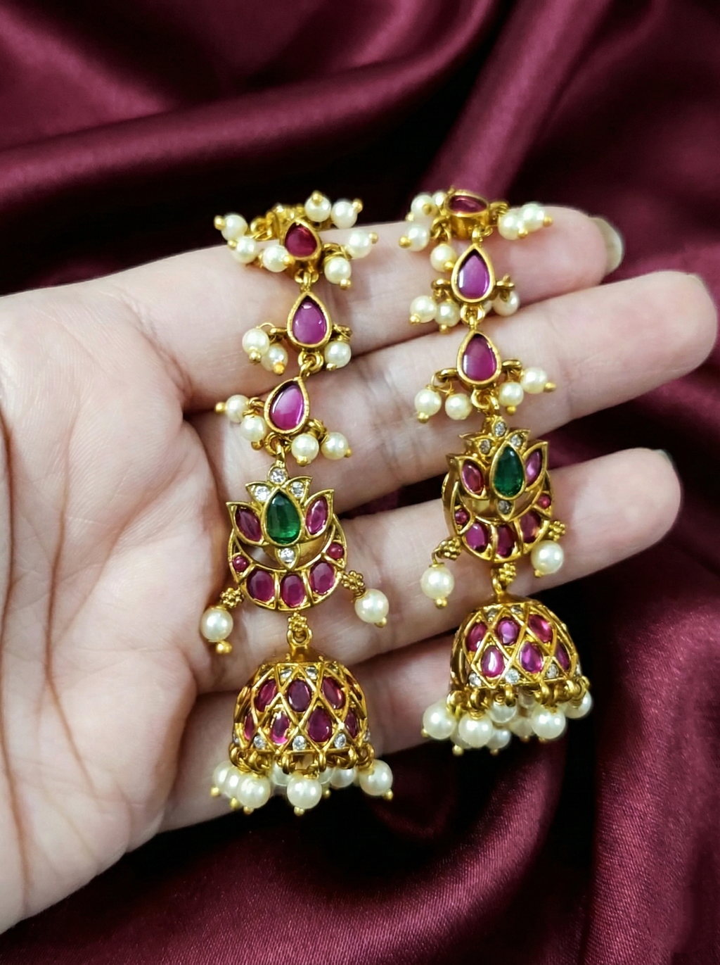 Traditional Kemp Stone Jhumka Attached Mattal Earring