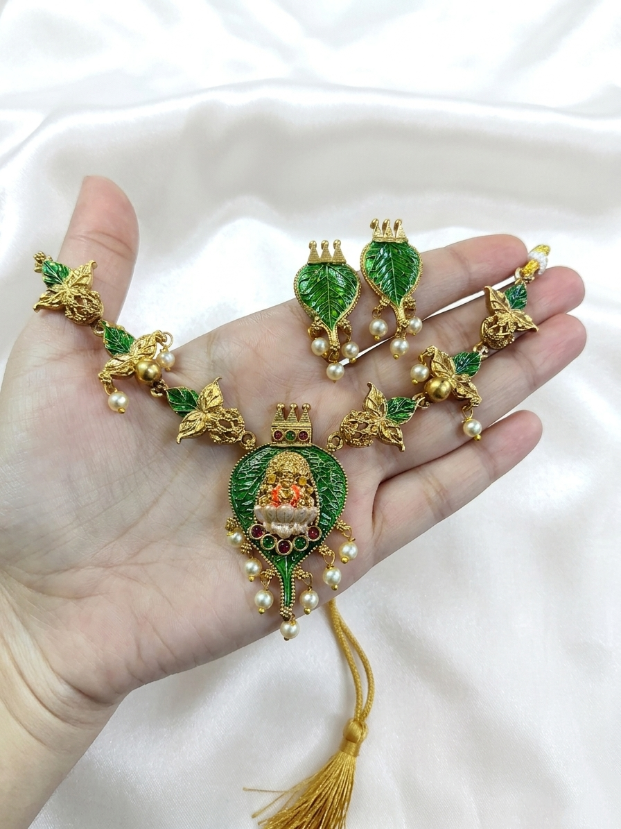 Enamel Lakshmi Leaf Necklace Set