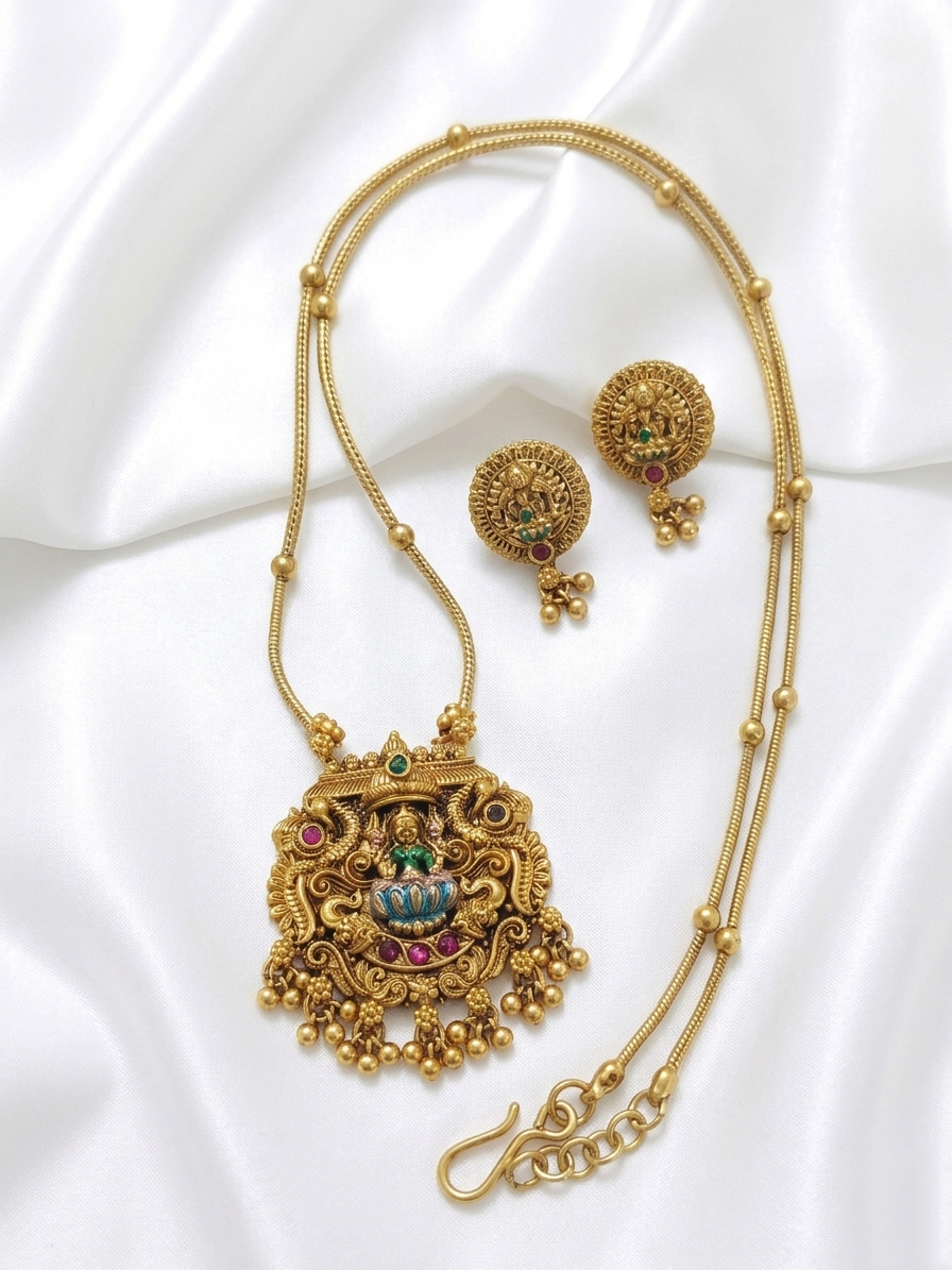 Enamel Lakshmi Pendant Mid Long Necklace Set V14