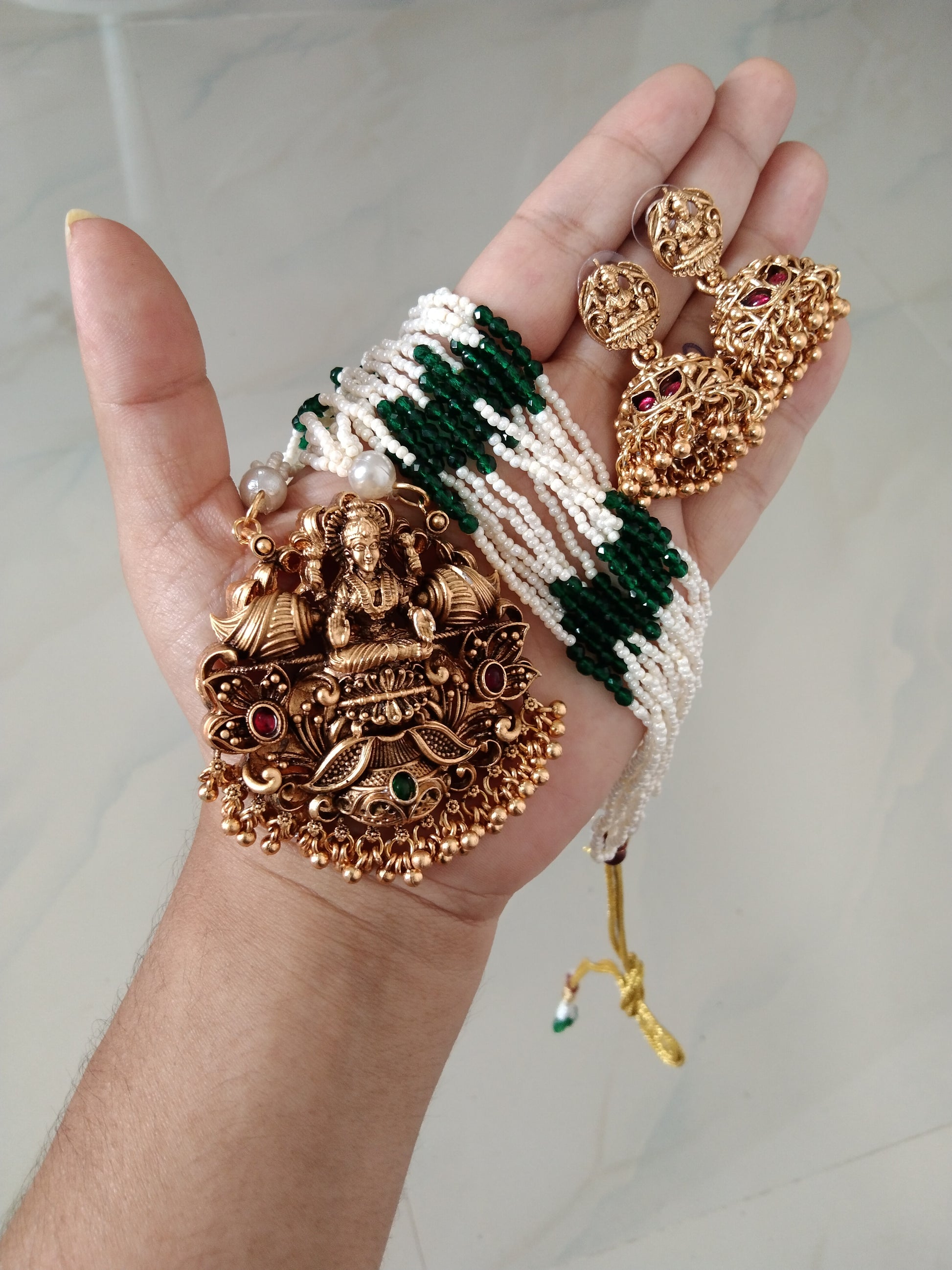 Lakshmi Pendant Pearl Long Necklace Set V1