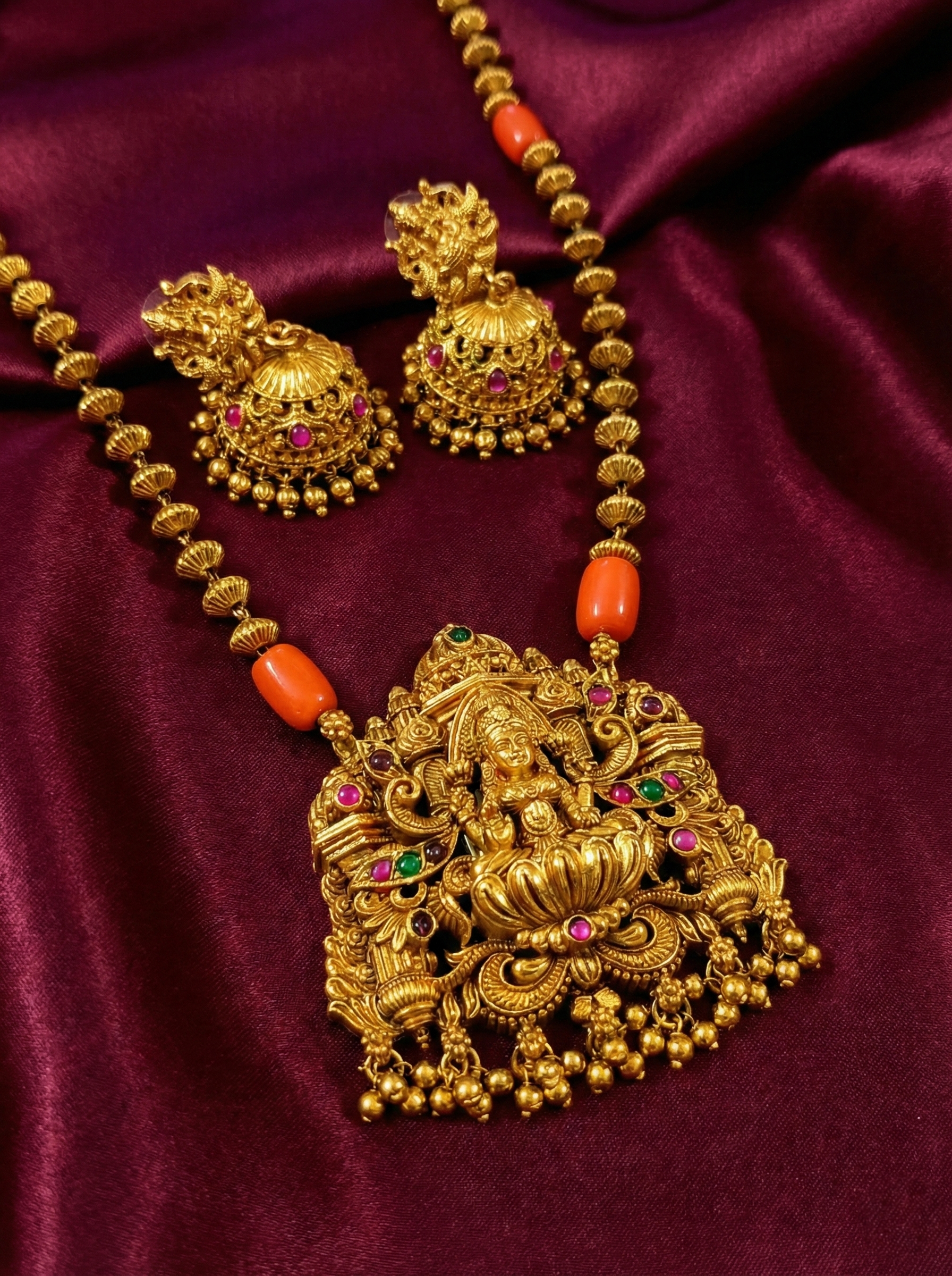 Lakshmi Coral Mid Long Necklace Set V3