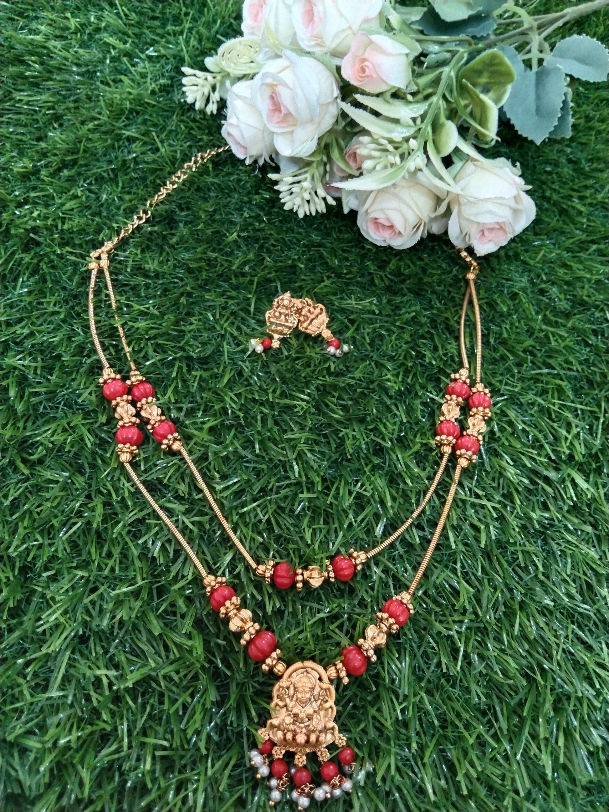 Coral 2 Layer Lakshmi Necklace Set