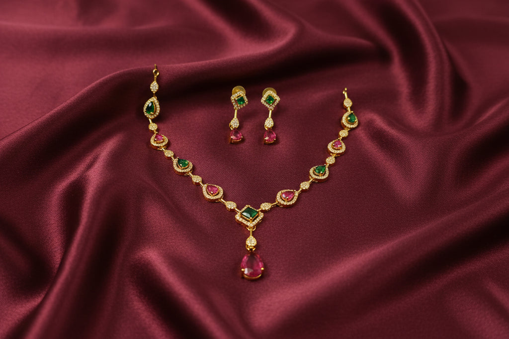 Matte Finish AD Stone Necklace Set V57