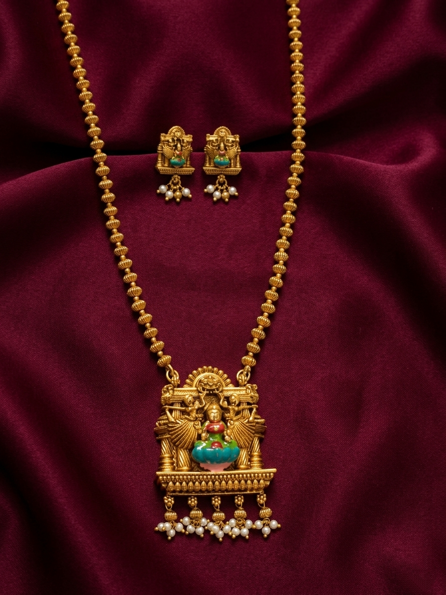 Enamel Lakshmi Pendant Mid Long Necklace Set V3