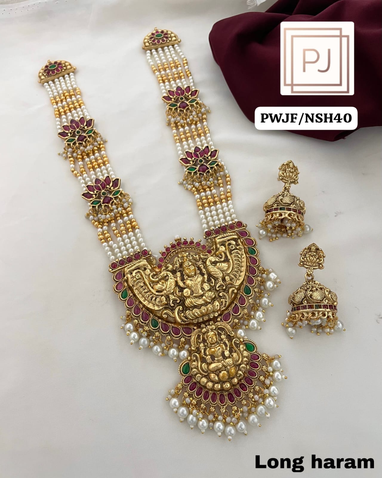 White Pearl Multi Layer Lakshmi Long Necklace Set