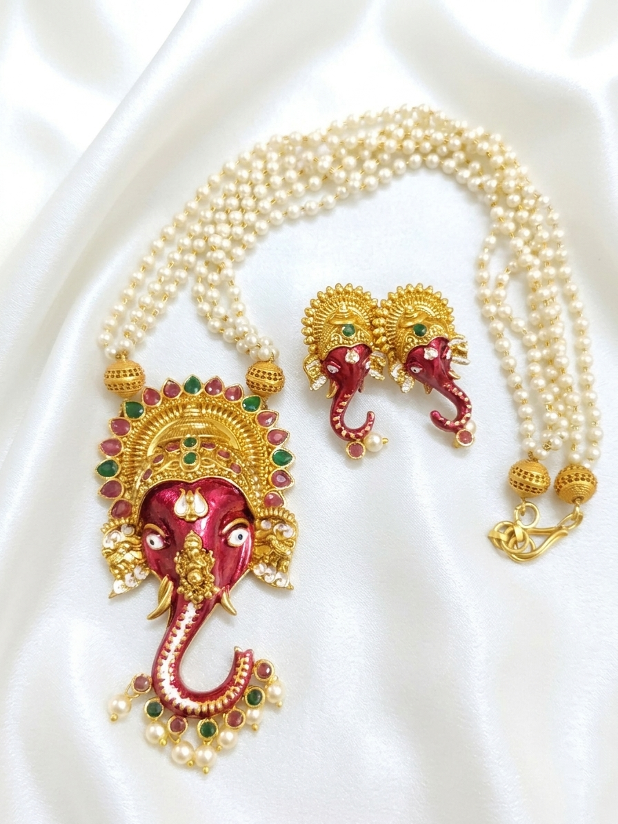 Enamel Ganesh Multi Layer Pearl Mid Long Necklace Set