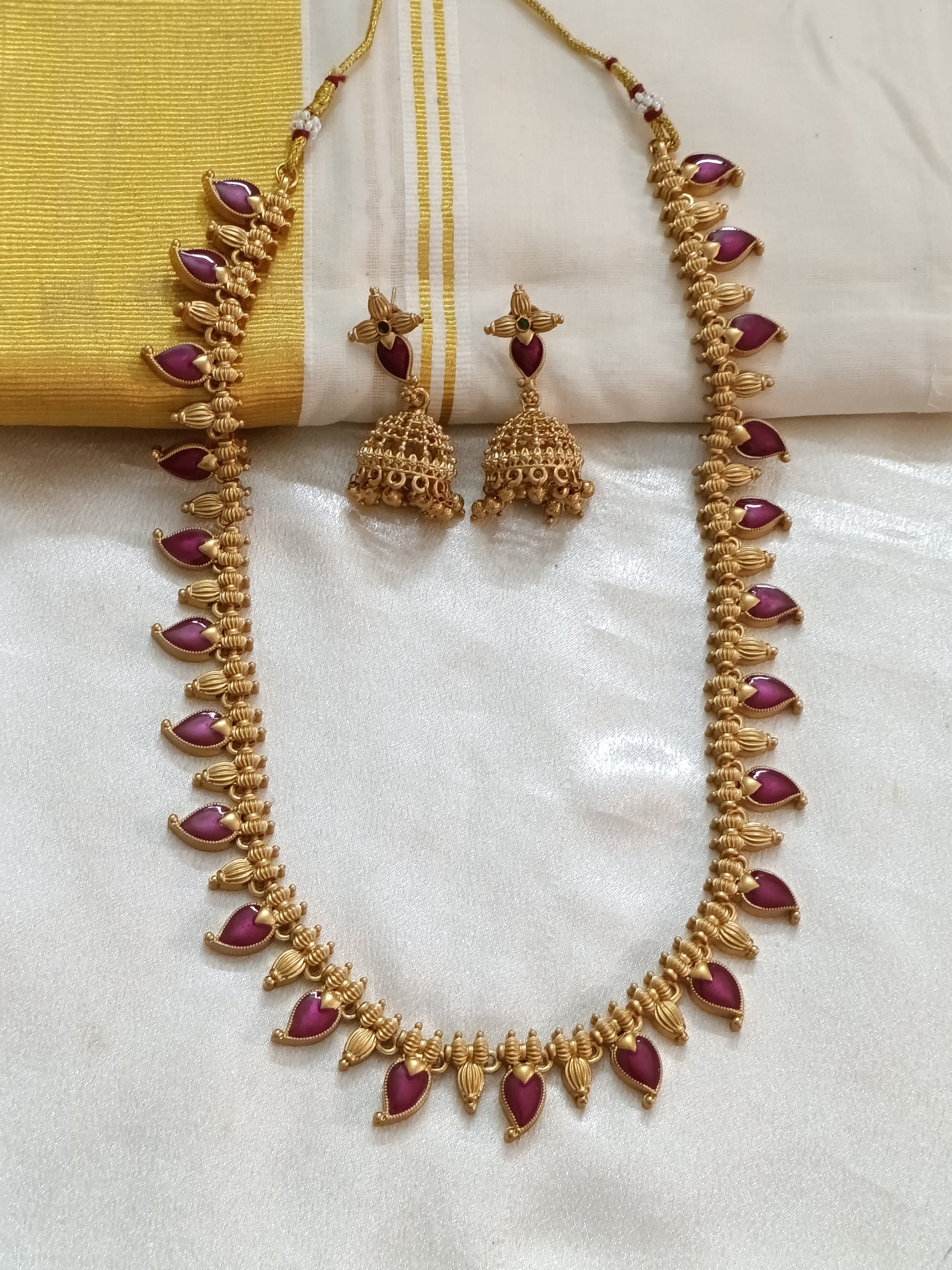 Matte Finish Palakka Mango Long Necklace Set