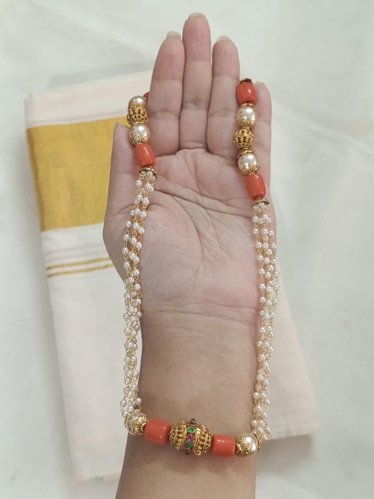 Coral Pearl Mid Long Necklace Set V231