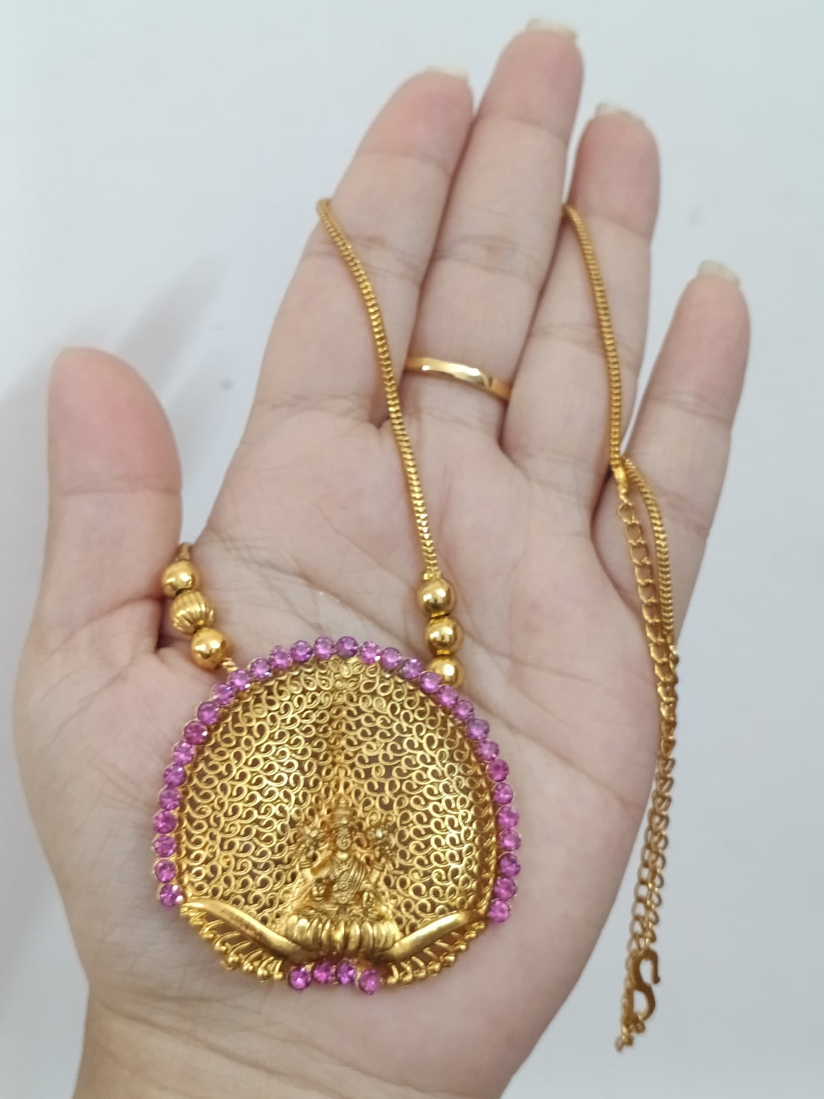 Matte Finish Lakshmi Pendant Mid Long Necklace V23