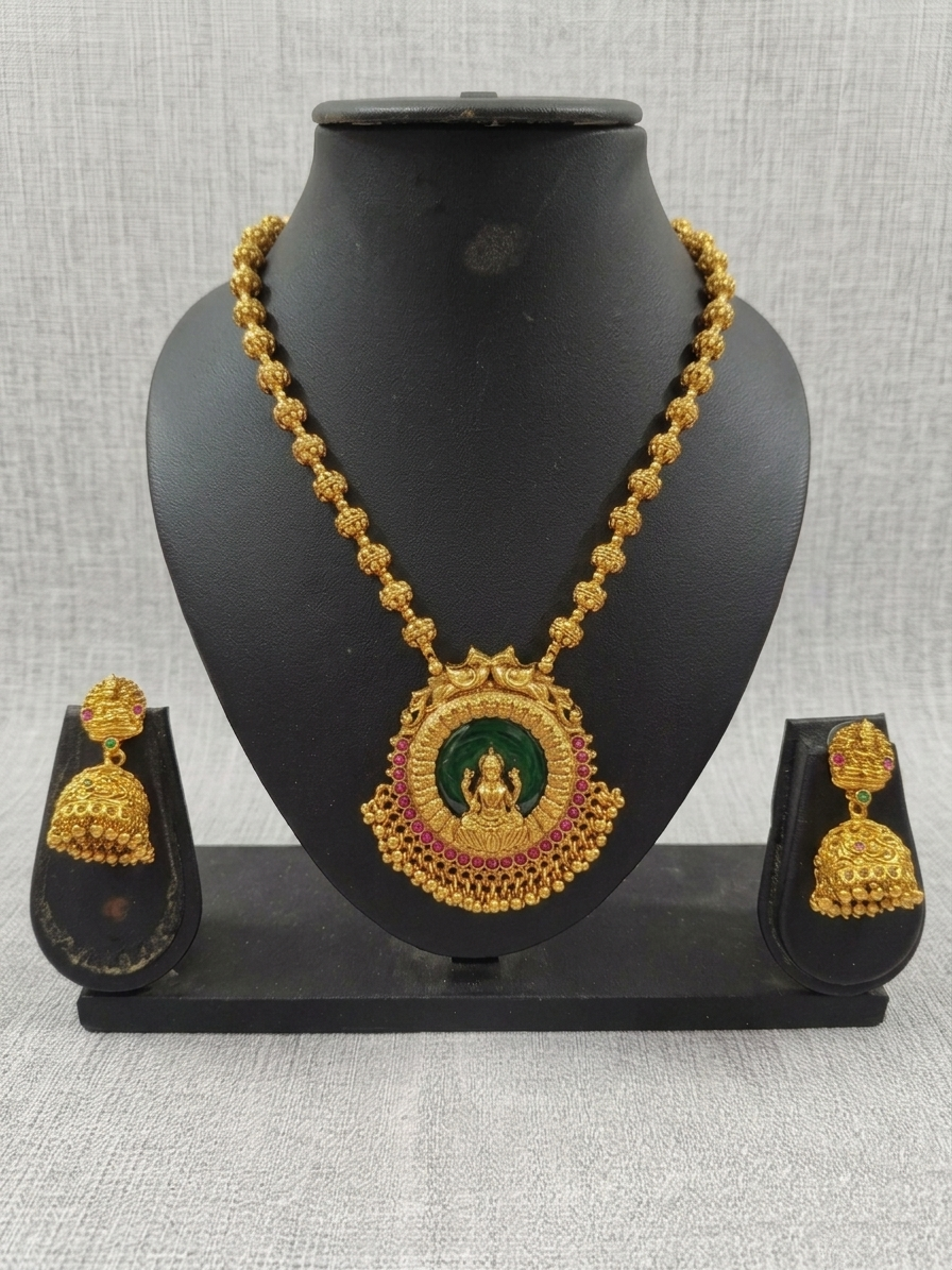 Lakshmi Palakka Pendant Mid Long Necklace Set V10