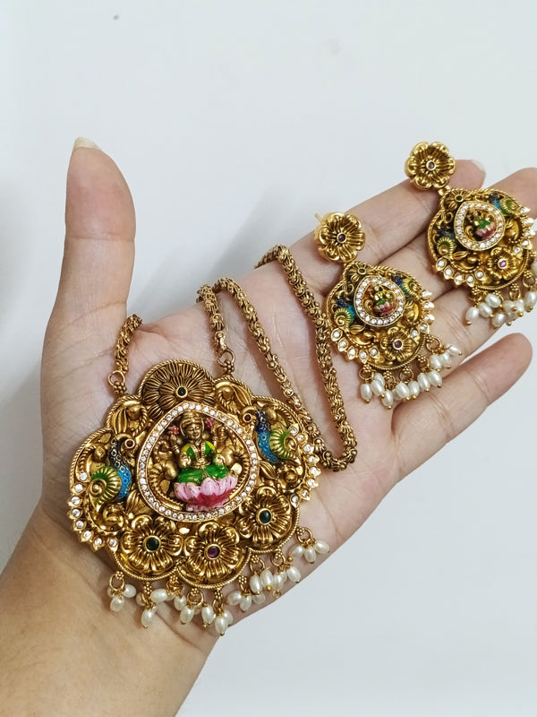 Premium Quality Enamel Lakshmi Pendant Mid Long Necklace Set