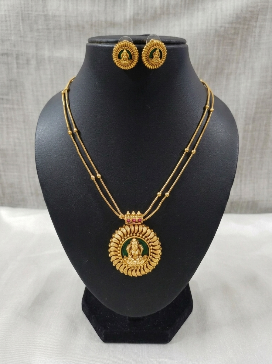Matte Finish Palakka Lakshmi Pendant Mid Long Necklace Set V10
