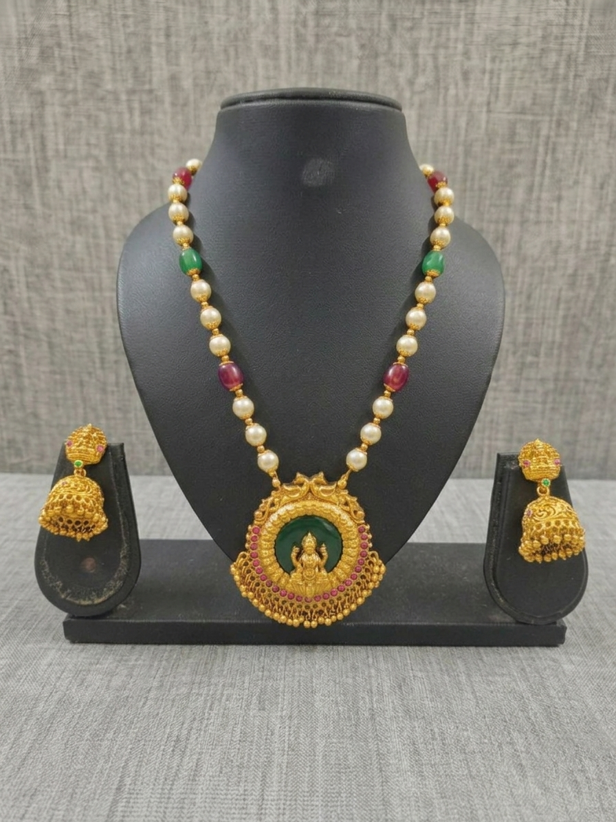 Lakshmi Pendant Pearl Mid Long Necklace Set V6