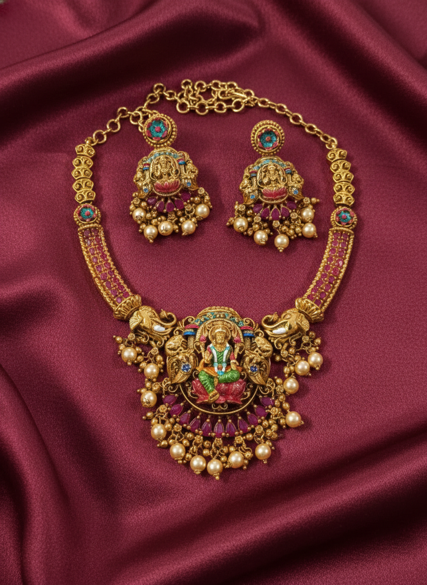 Premium Quality AD Enamel Lakshmi Nagas Necklace Set V5