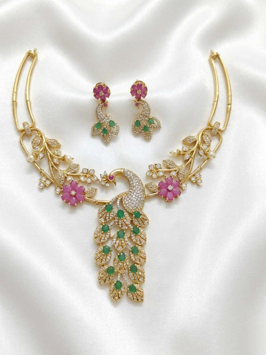 Premium Quality Peacock Floral Hasli Necklace Set