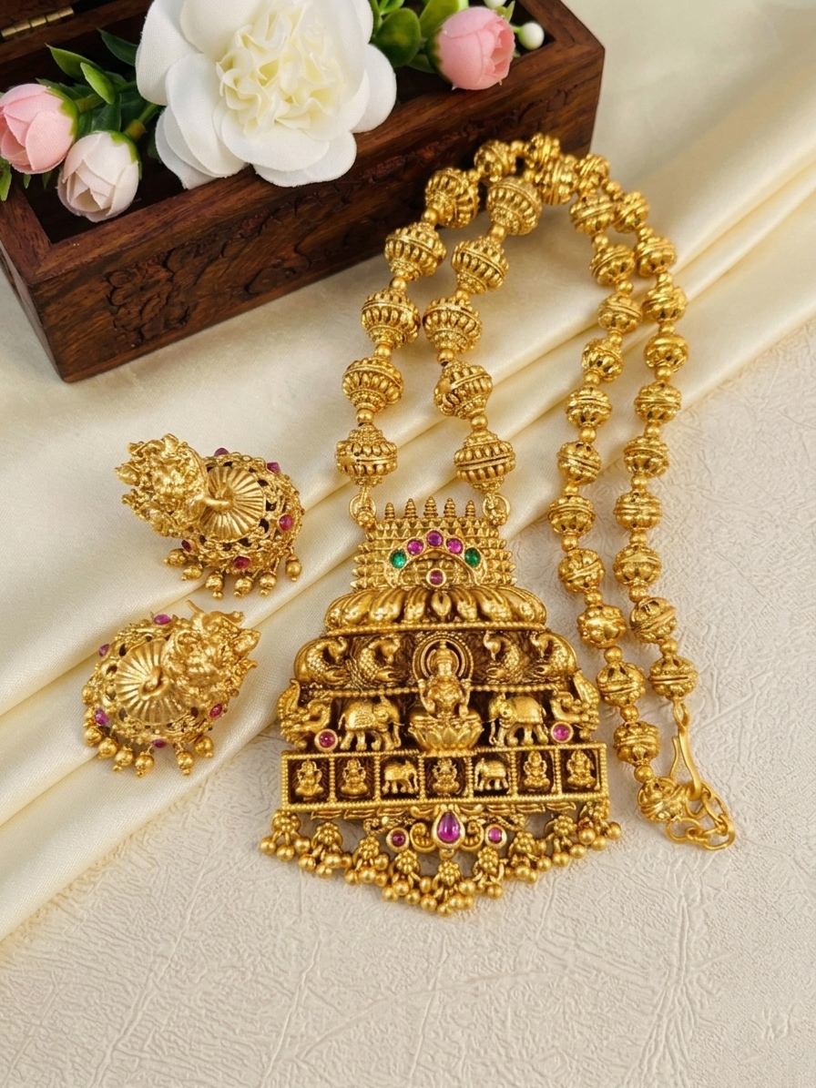 Temple Lakshmi Pendant Mid Long Necklace Set V5