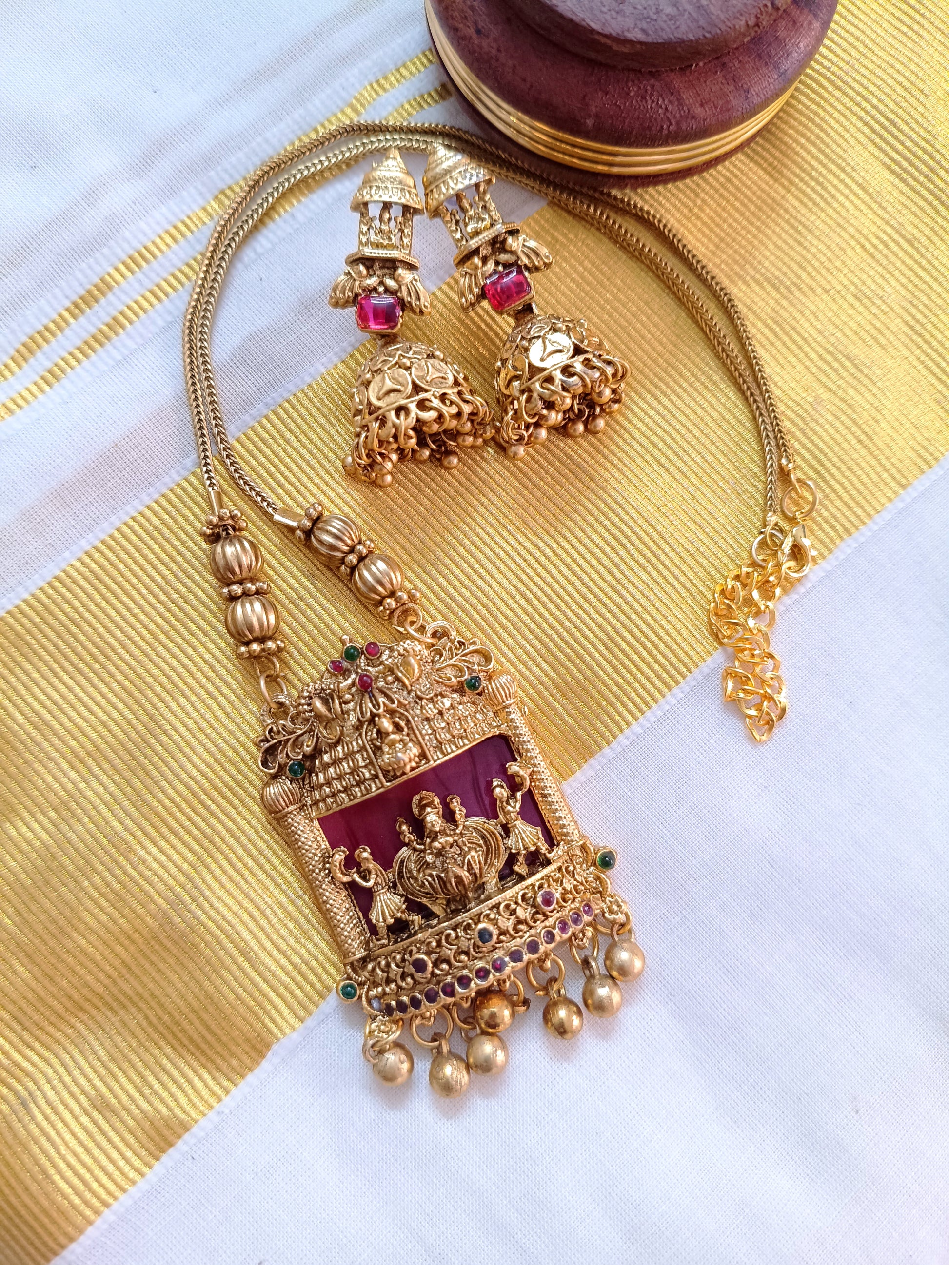 Matte Finish Lakshmi Pendant Mid Long Necklace