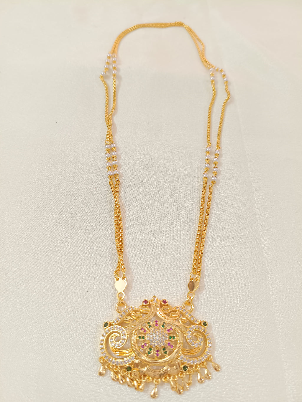 Micro Polish Peacock AD Stone Long Necklace Set V2