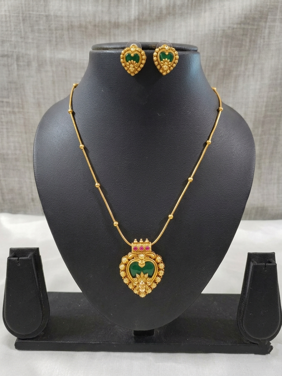 Matte Finish Palakka Pendant Mid Long Necklace Set V6