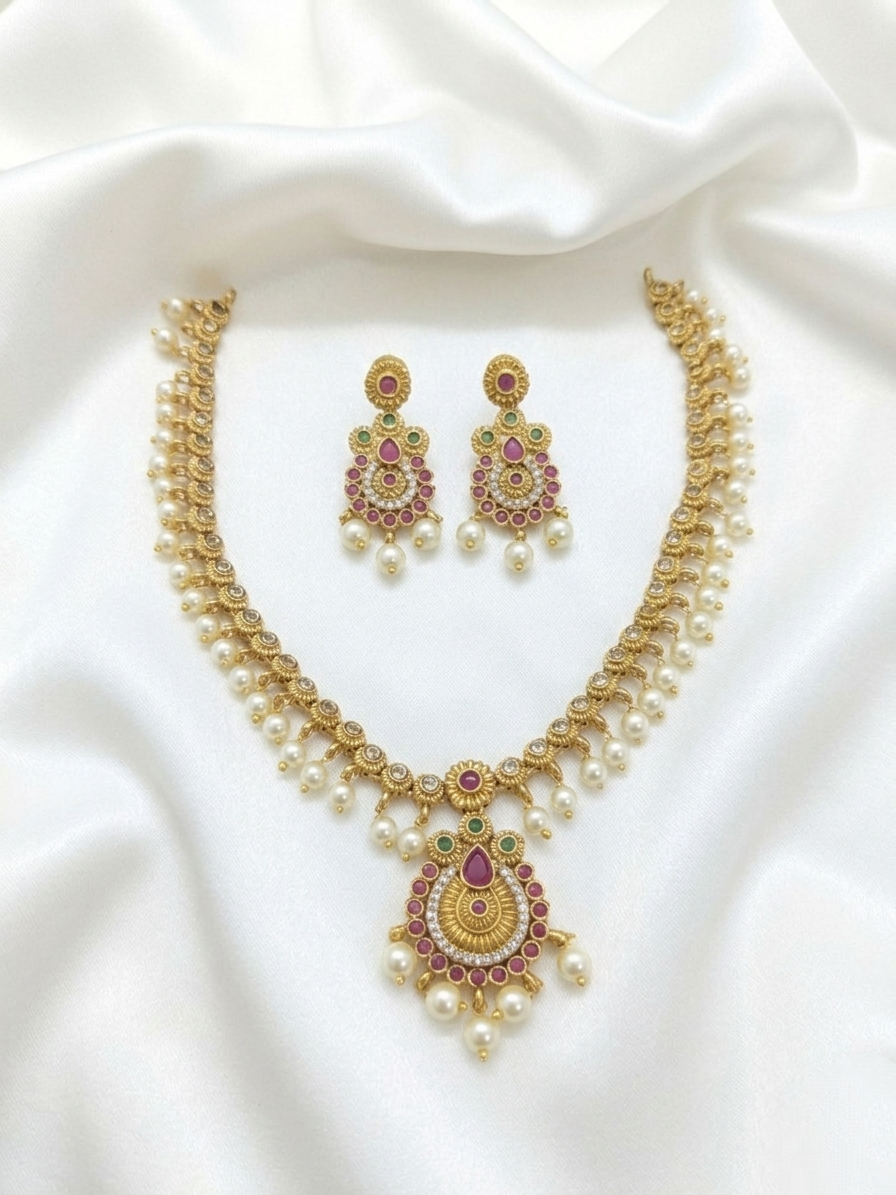 Matte Finish AD Stone Necklace Set V127