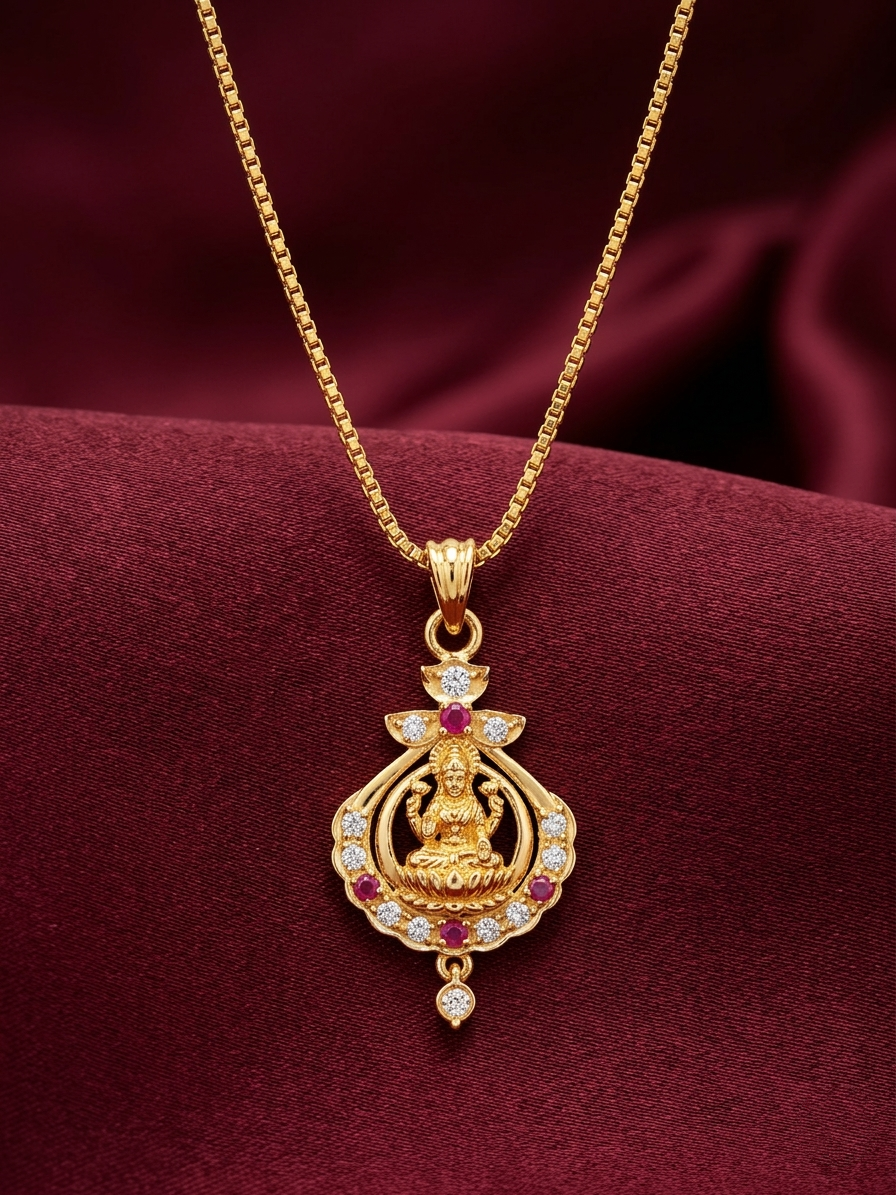 Micro Polish Chain Lakshmi Pendant Mid Long Necklace