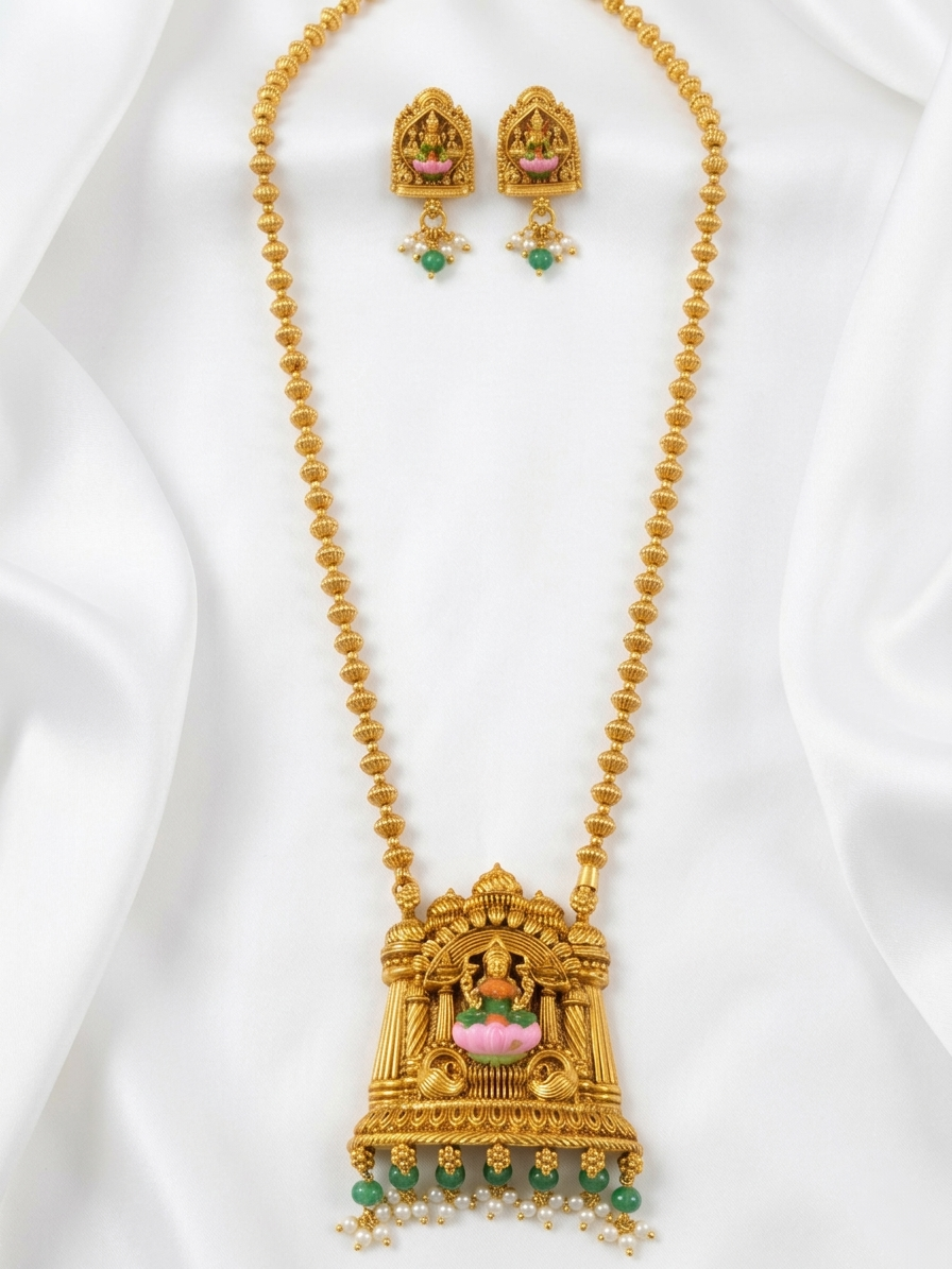 Enamel Lakshmi Pendant Mid Long Necklace Set V12