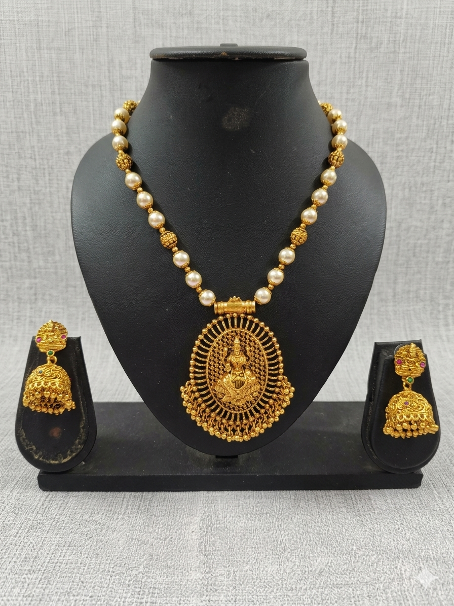 Lakshmi Pendant Pearl Mid Long Necklace Set V7