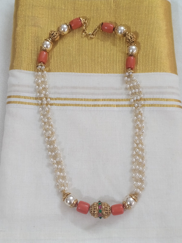 Coral Pearl Mid Long Necklace Set V231