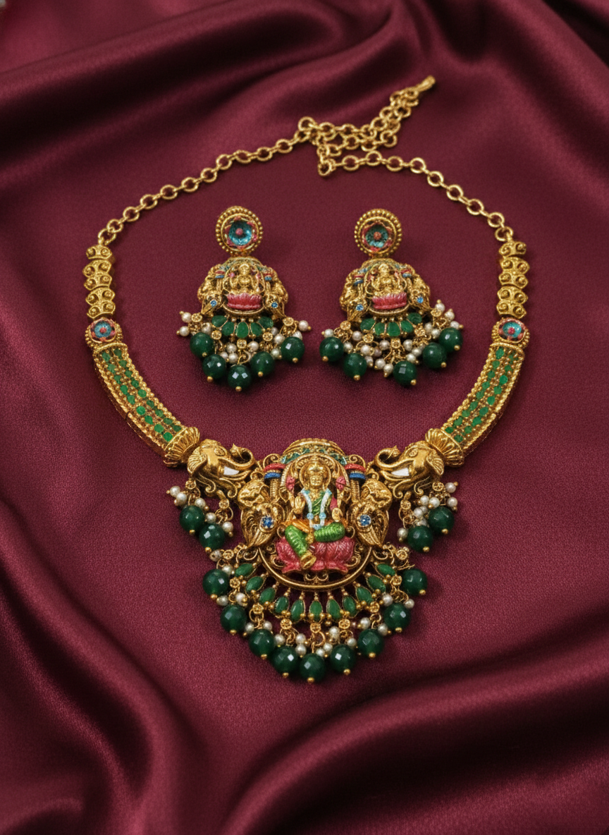 Premium Quality AD Enamel Lakshmi Nagas Necklace Set V4