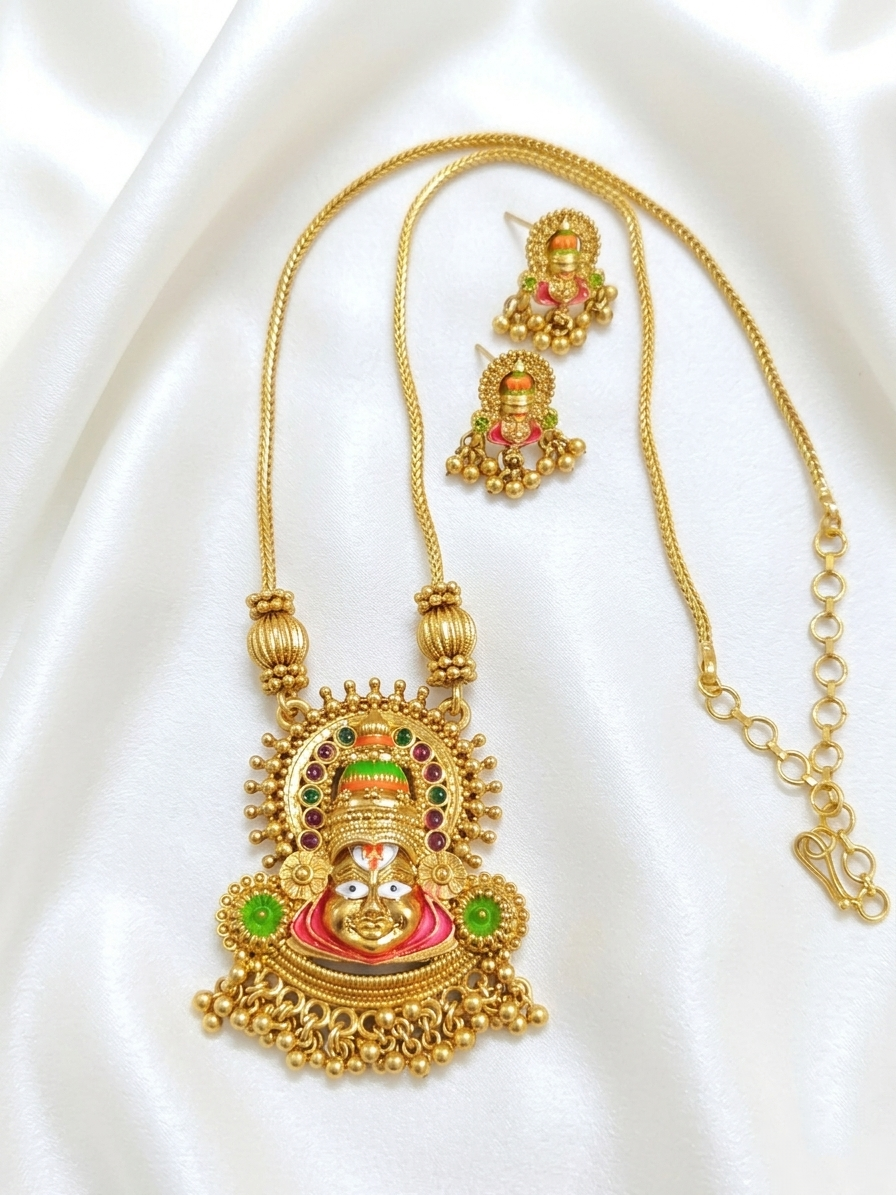 Enamel Kathakali Pendant Mid Long Necklace Set
