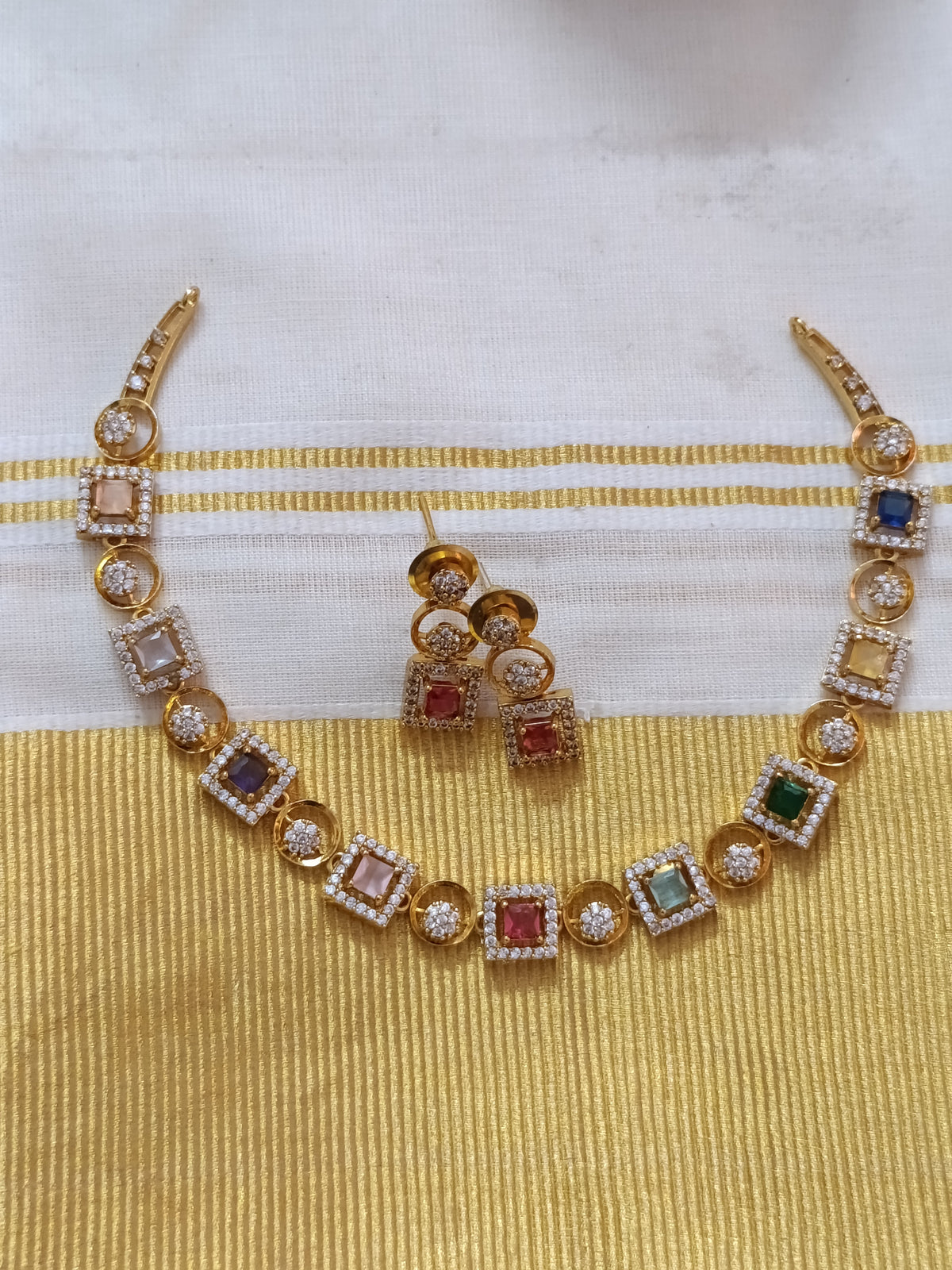 Matte Finish AD Navaratna Necklace Set V3