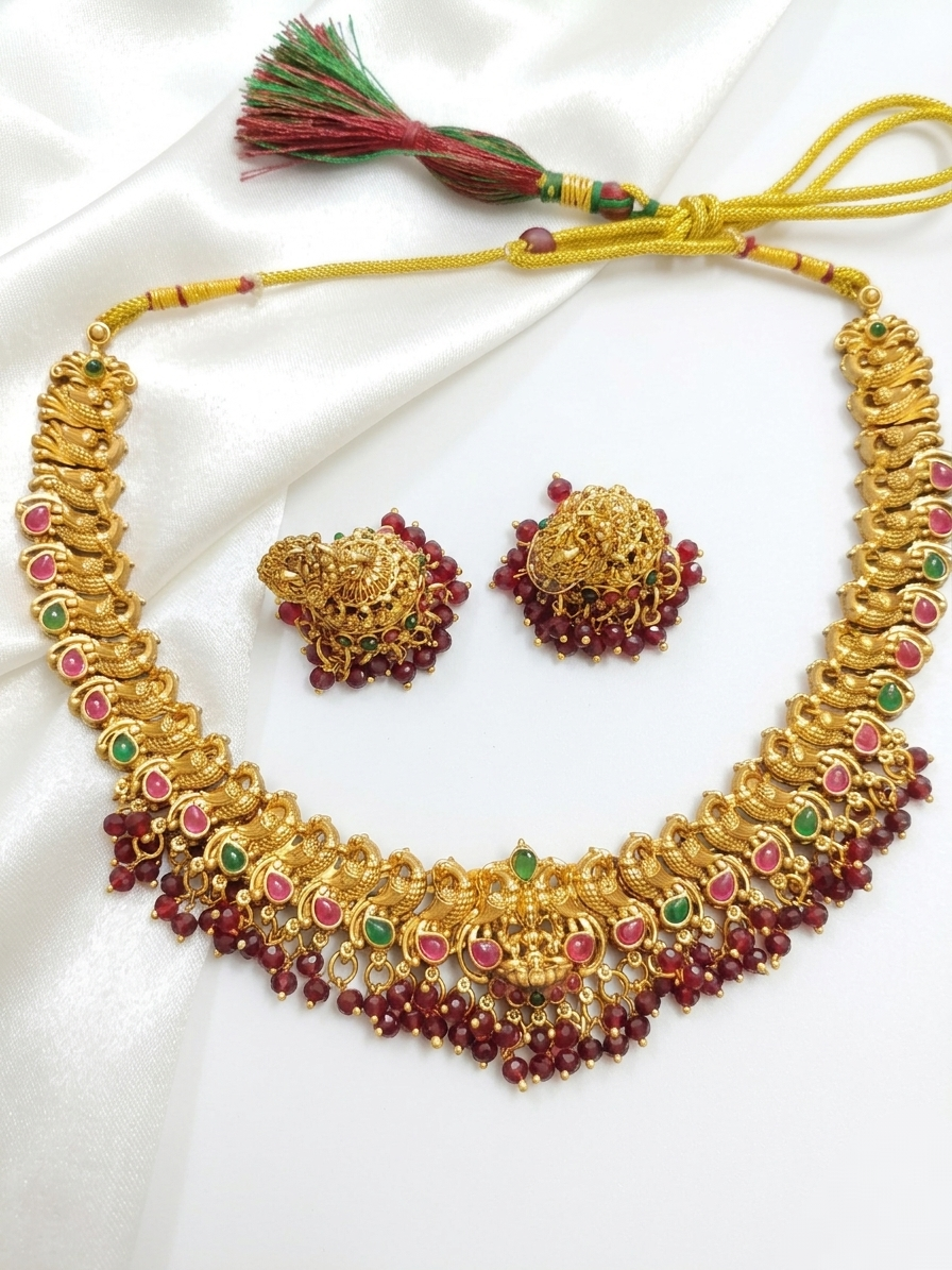 Matte Finish Nagas Lakshmi Necklace Set V17