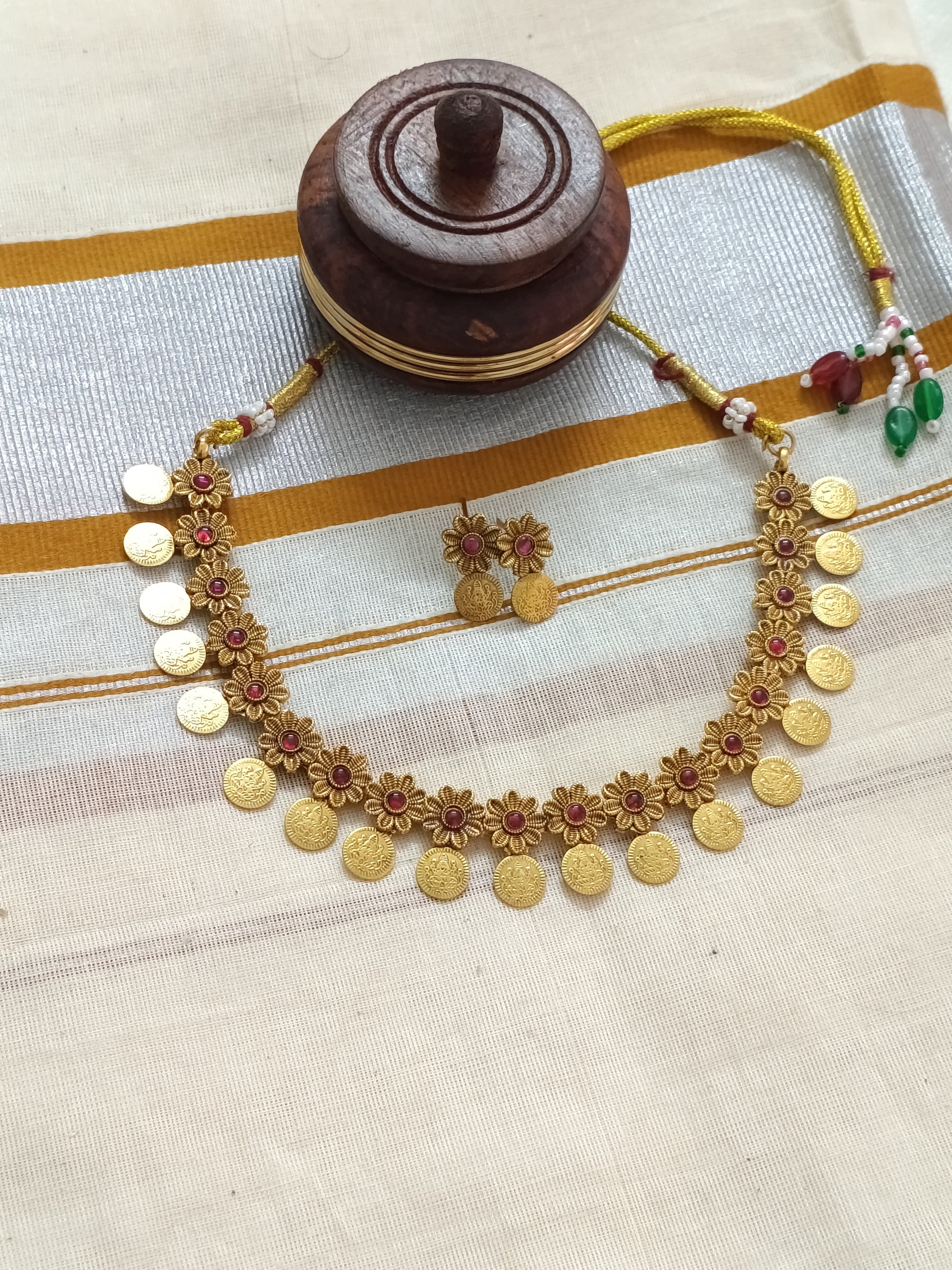 Matte Finish Flower Coin Lakshmi Necklace Set