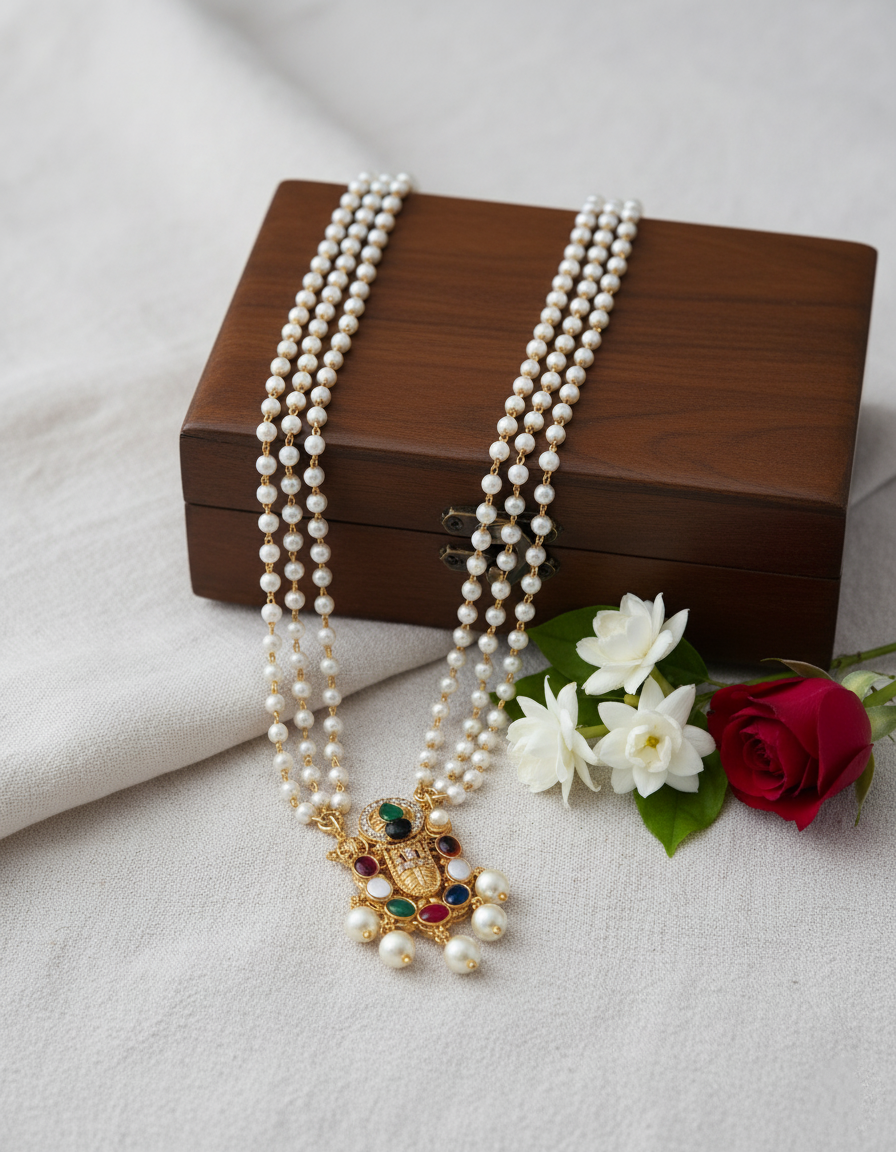 Balaji Pendant Pearl Mid Necklace Set