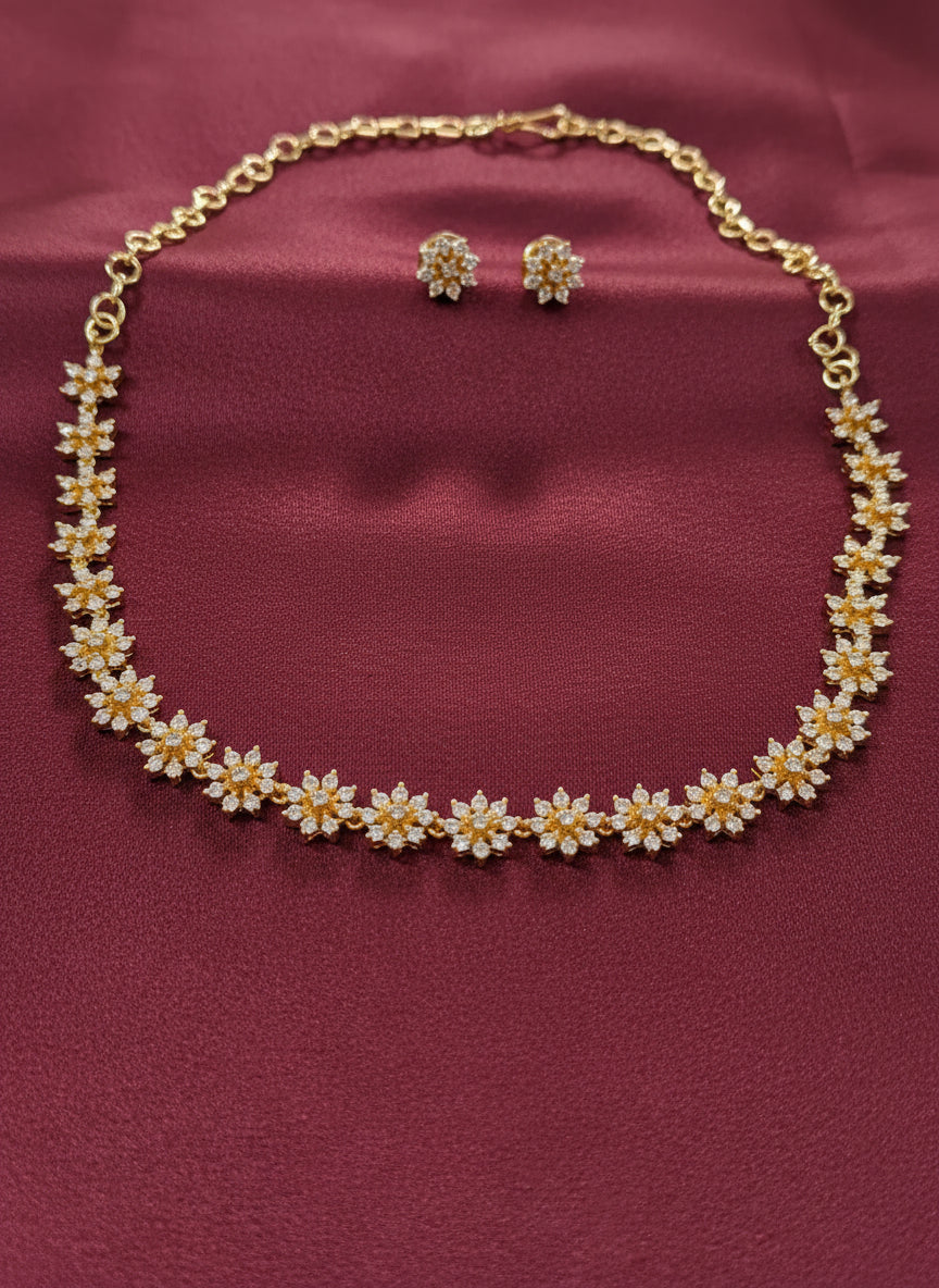 Micro polish AD Stone Flower Necklace Set with back chain