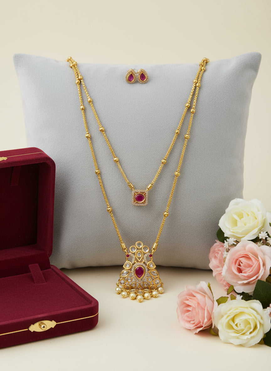 2 Layer AD Stone Pendant Long Necklace Set