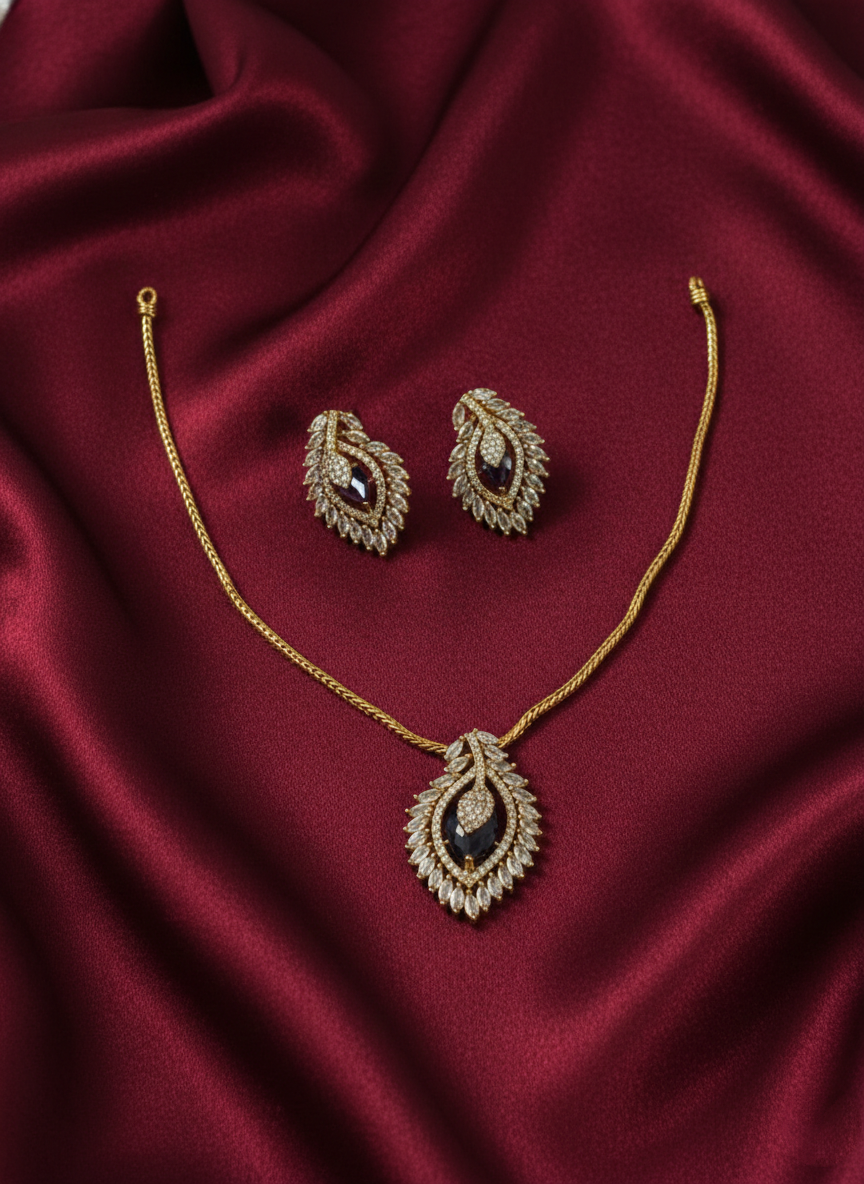 Matte Finish AD Leaf Necklace Set V84