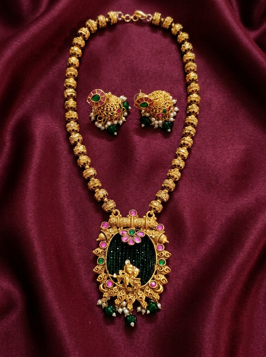 Radhekrishna Temple Mid Long Necklace Set