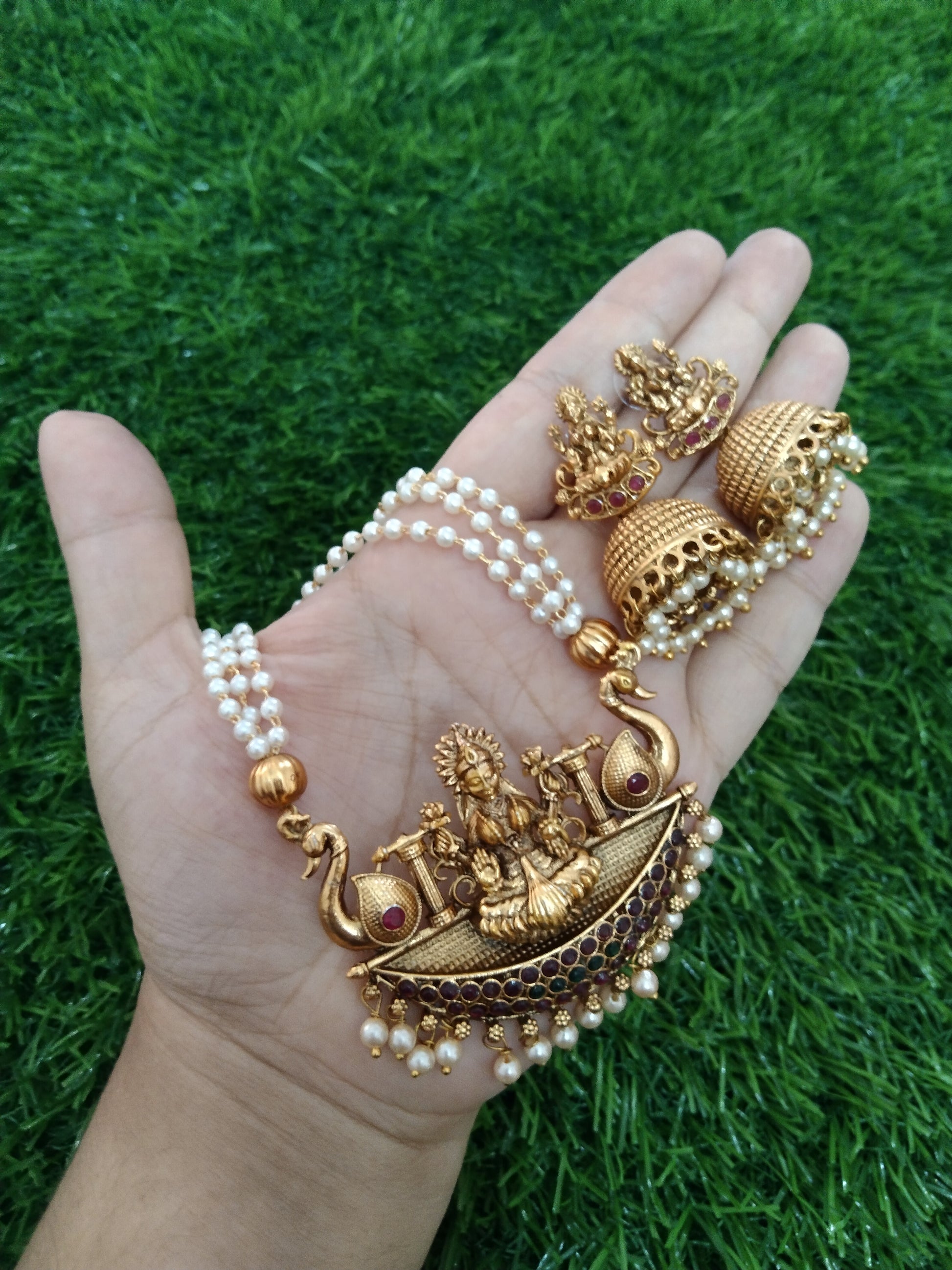 Lakshmi Pendant with Pearl Long Necklace Set