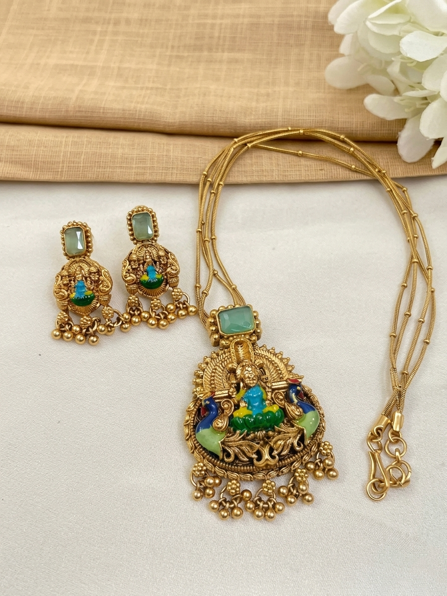 Enamel Lakshmi Pendant AD Stone Mid Long Necklace Set V2