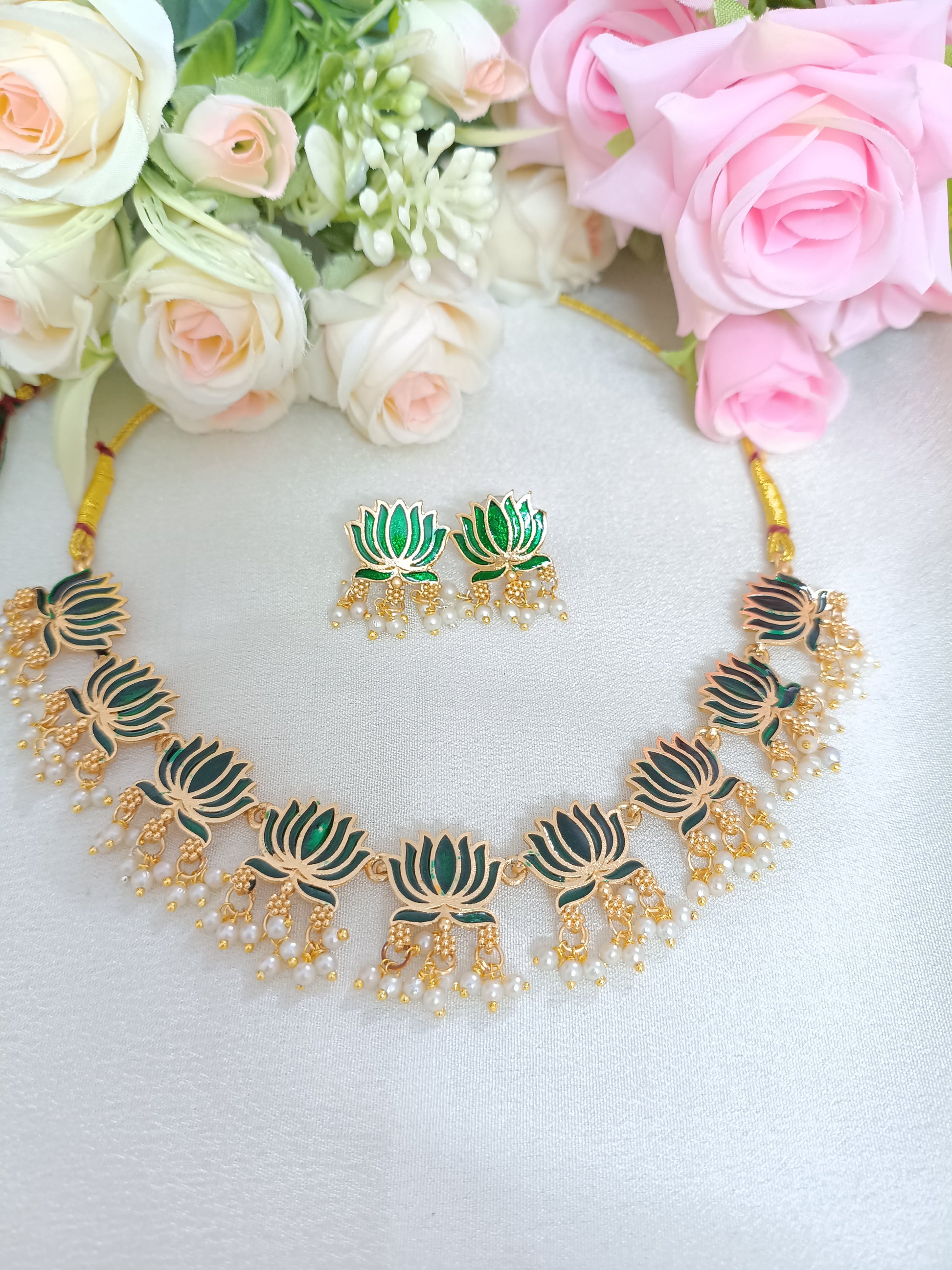 Green Lotus Pearl Drop Necklace Set