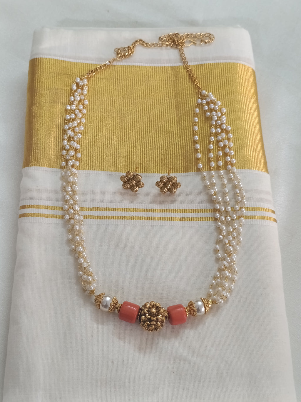 Pearl Coral Mid Long Necklace Set V224