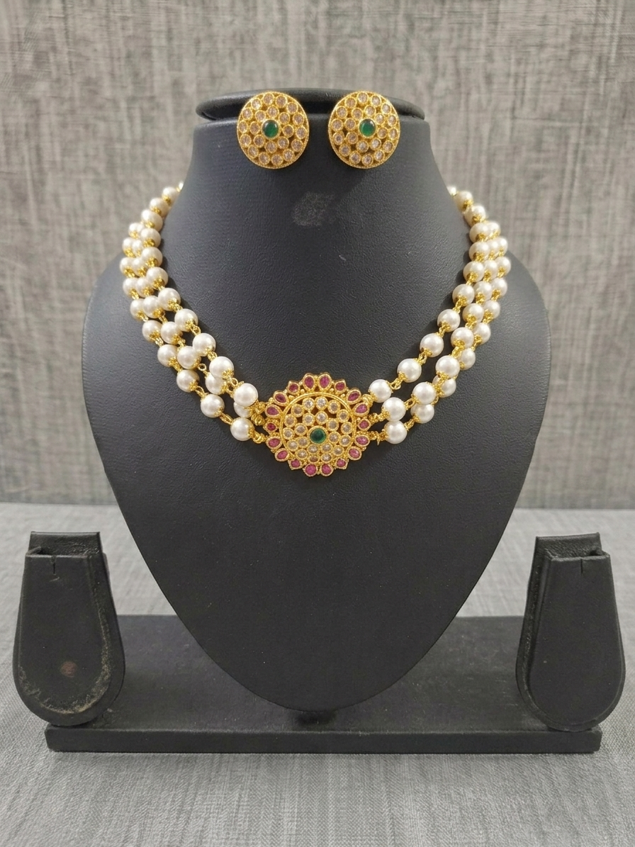 Pearl Kemp stone Pendant Choker Set