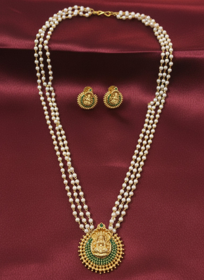 Multi Layer Pearl chain with Lakshmi Pendant long necklace set