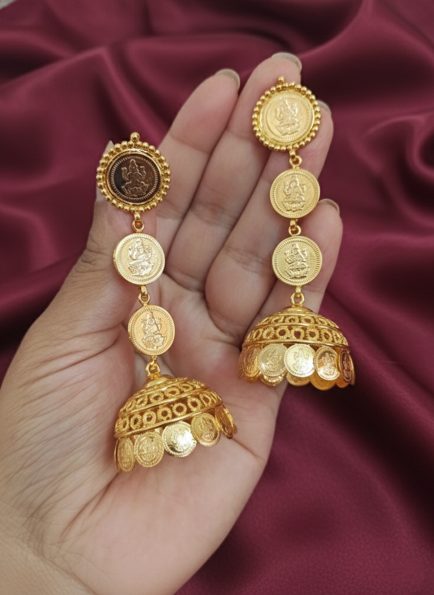 Micro Polish Lakshmi Coin Jhumka Earring