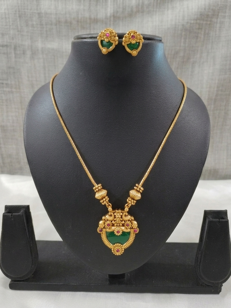 Matte Finish Palakka Pendant Mid Long Necklace Set V5