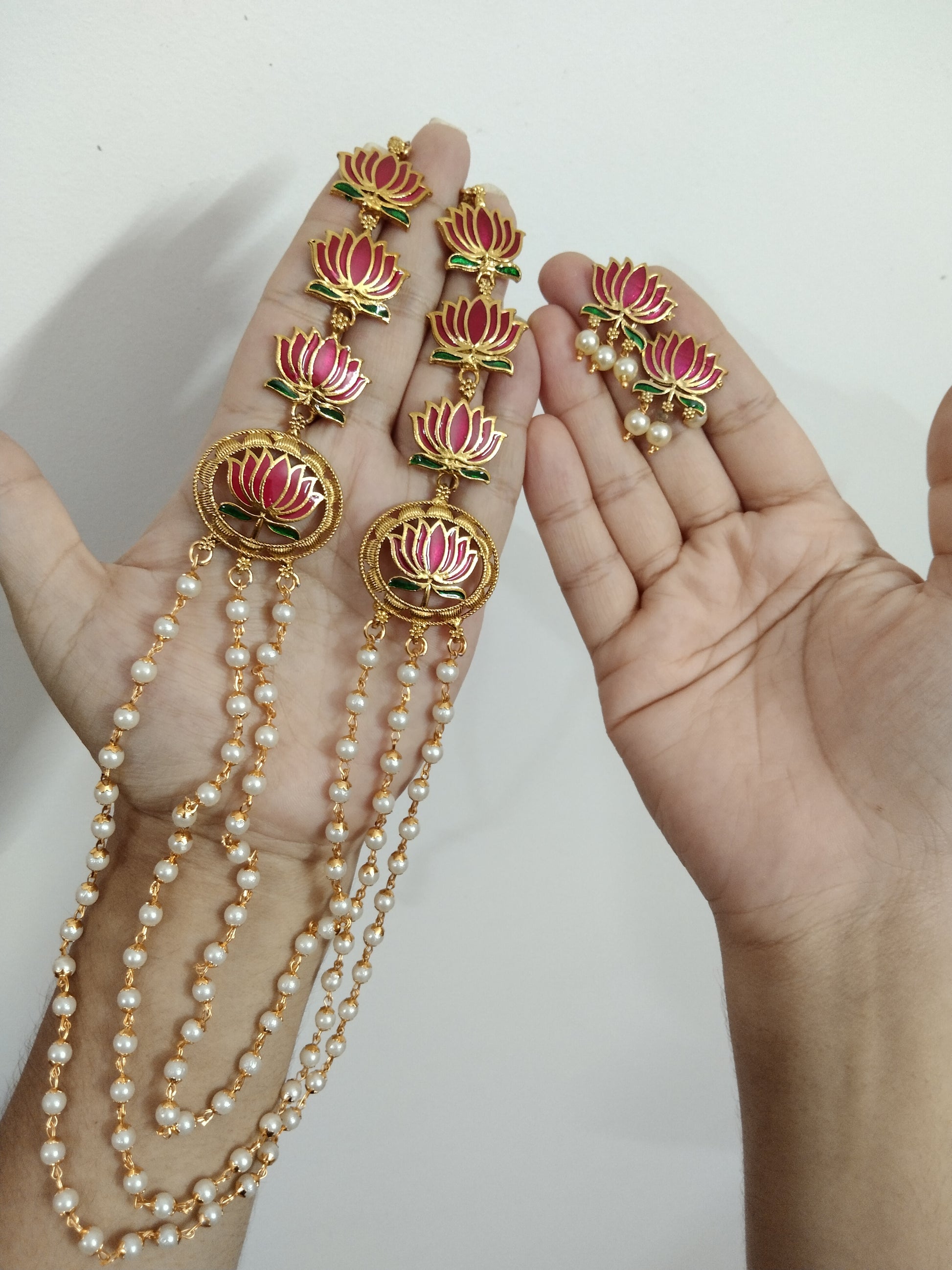 Pearl Lotus Charm Long Necklace Set