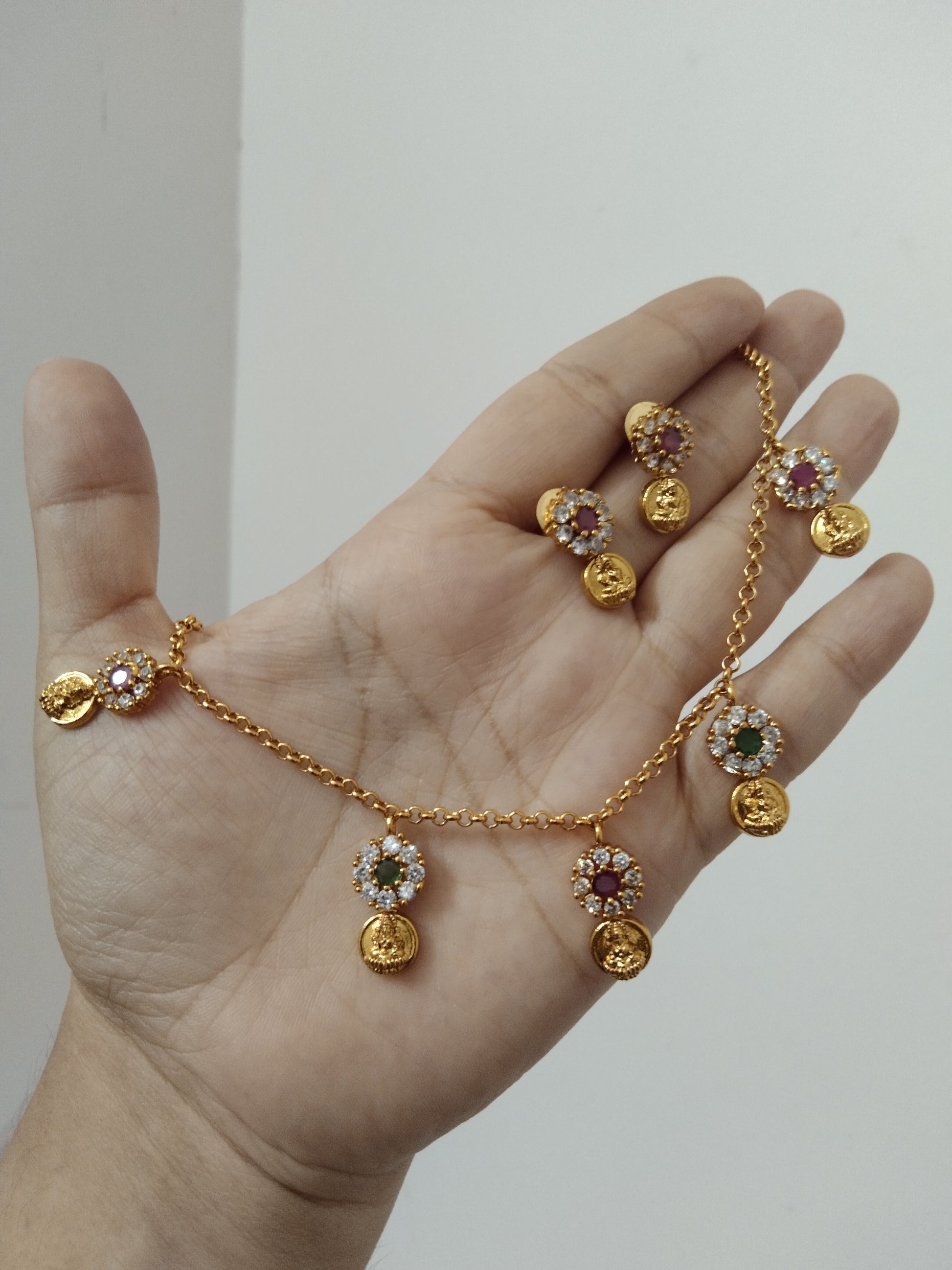 Lakshmi Coin Floral AD Chain Necklace Set