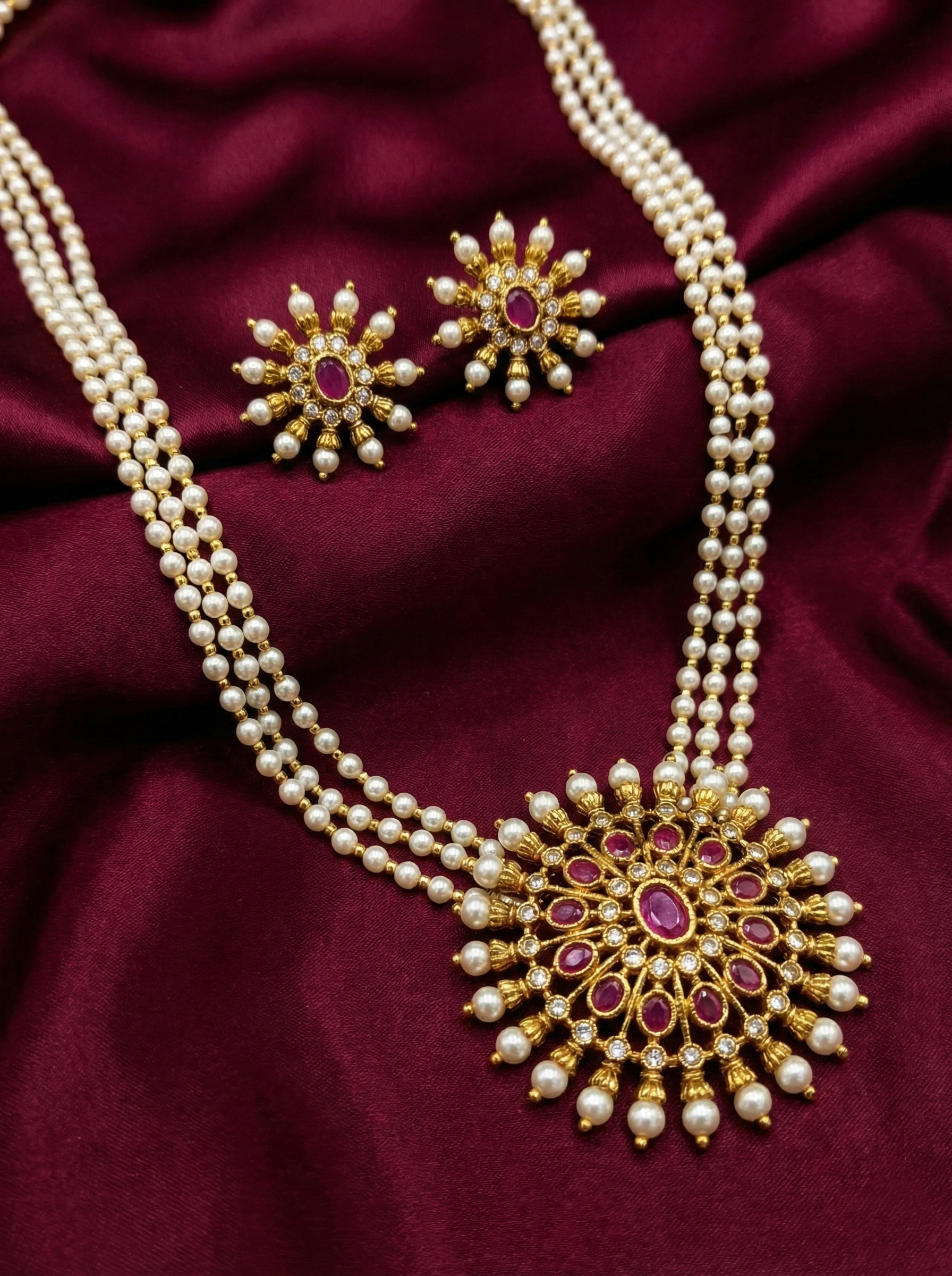 Pearl Multi Layer Mid Long Pendant Necklace Set