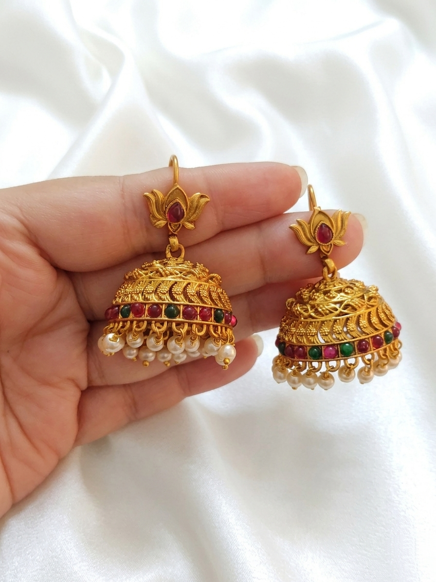 Golden Lotus Hook Jhumka Earring